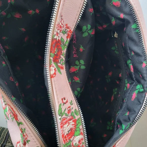 Betsey Johnson Large Double Zip Make Up Cosmetic Bag Pink Floral Red Roses - Picture 8 of 12